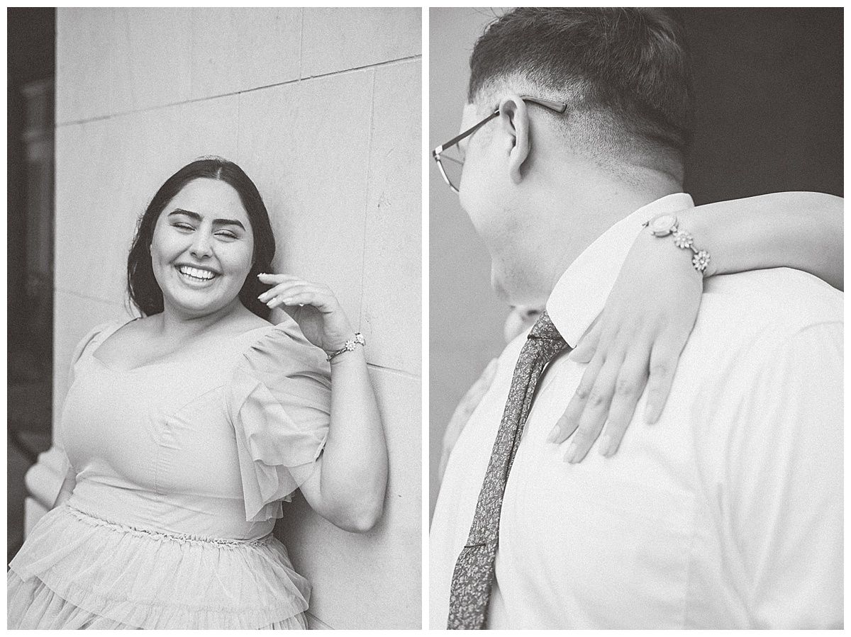 Black and white romantic portraits of a couple in formal wear.