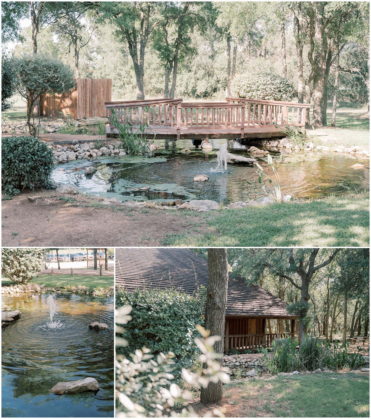 A serene outdoor garden setting with wooden bridges, flowing water features and lush greenery creates a peaceful landscape.