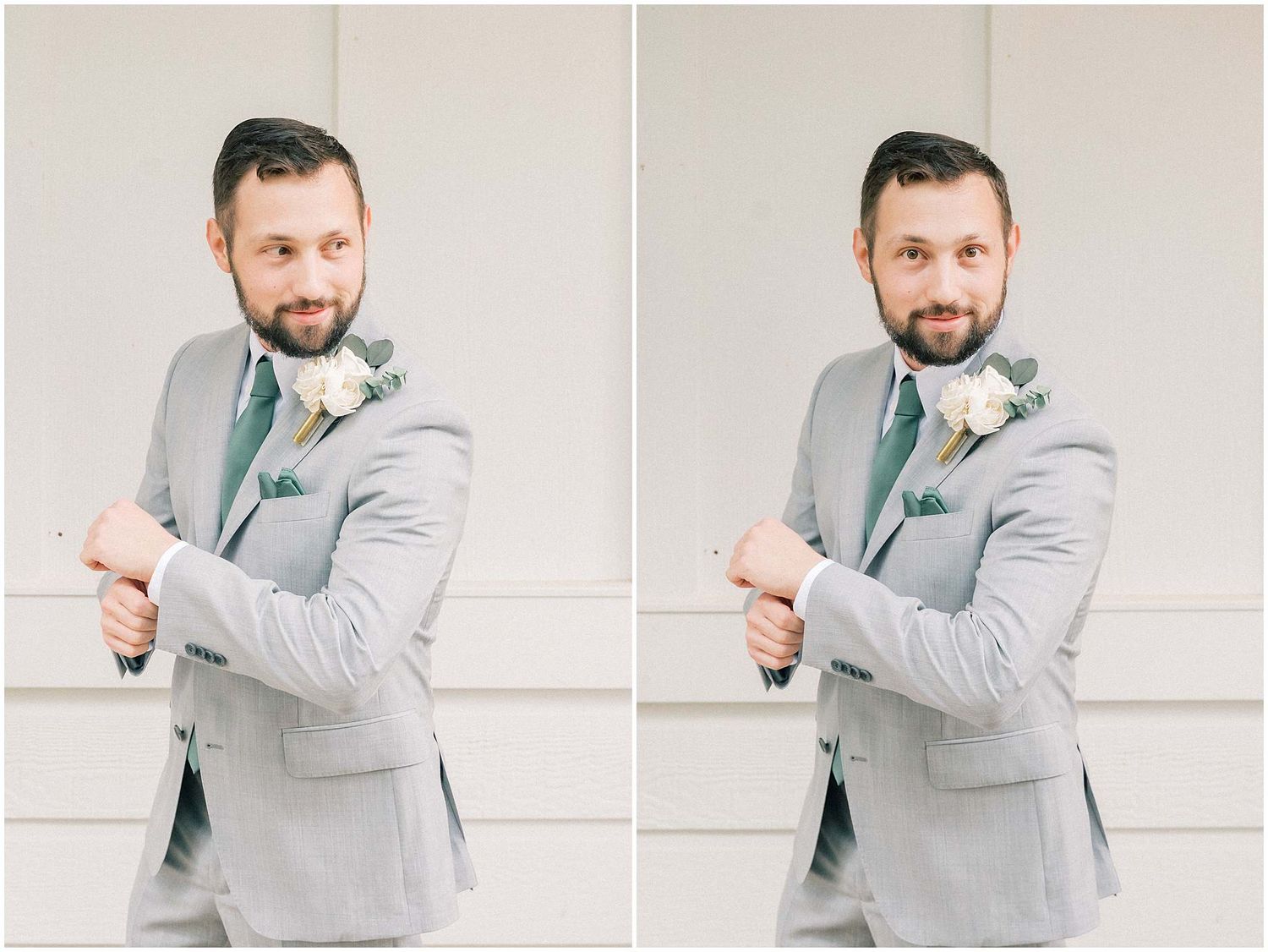 A sequence of photos shows a person in a light gray suit with a boutonniere striking playful poses against a neutral wall.