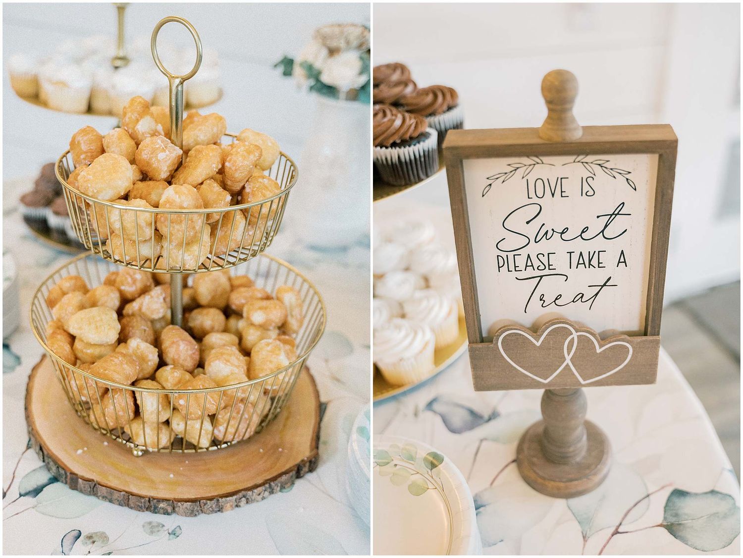 Rustic dessert display with cream puffs on wooden cake stands and handwritten signs for a wedding.
