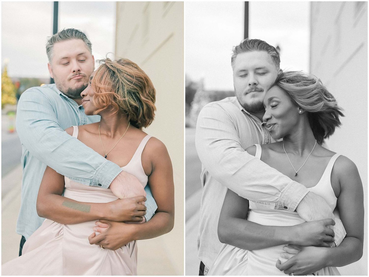 A romantic couple embraces tenderly in both color and black and white portraits against a neutral backdrop.