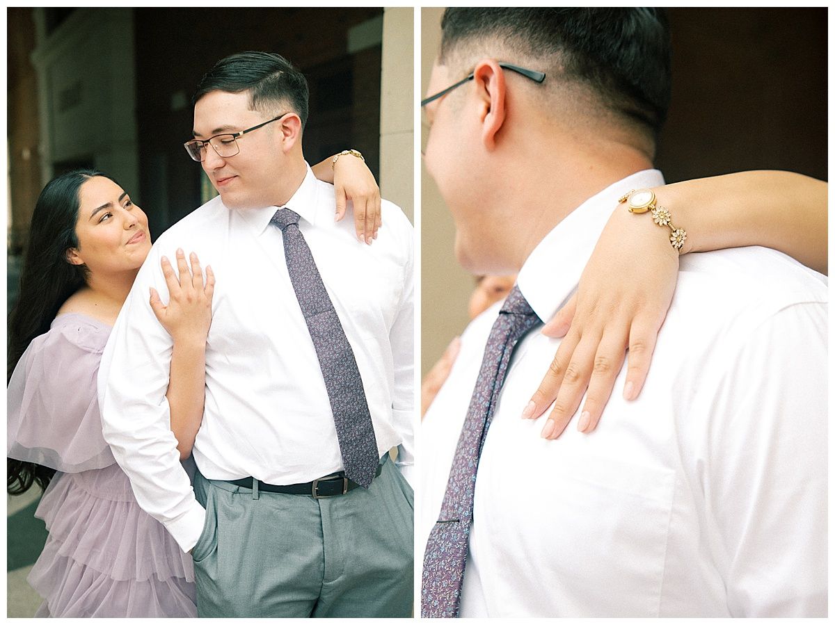 Close-up shots of couple showing details of formal attire and tender moments.