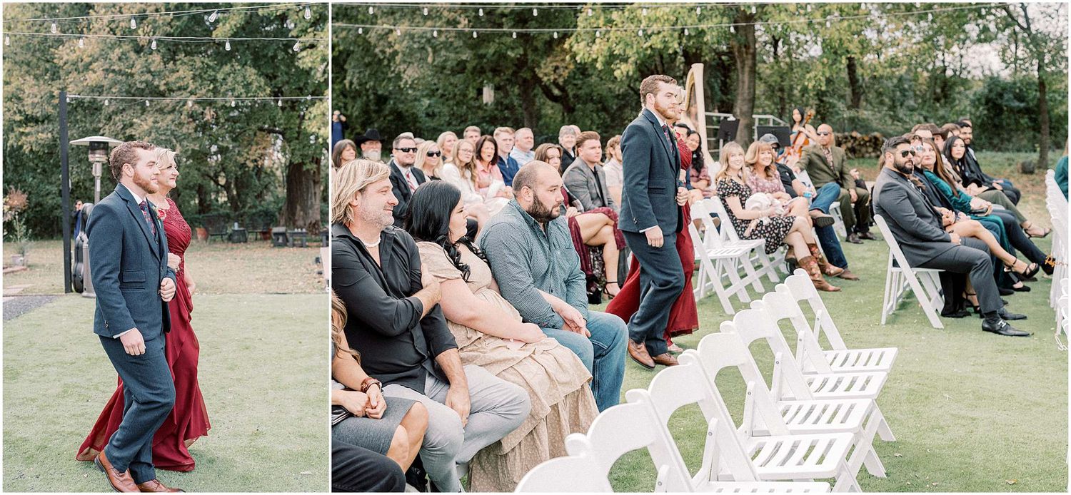 Outdoor wedding ceremony setup with white chairs and floral arrangements.