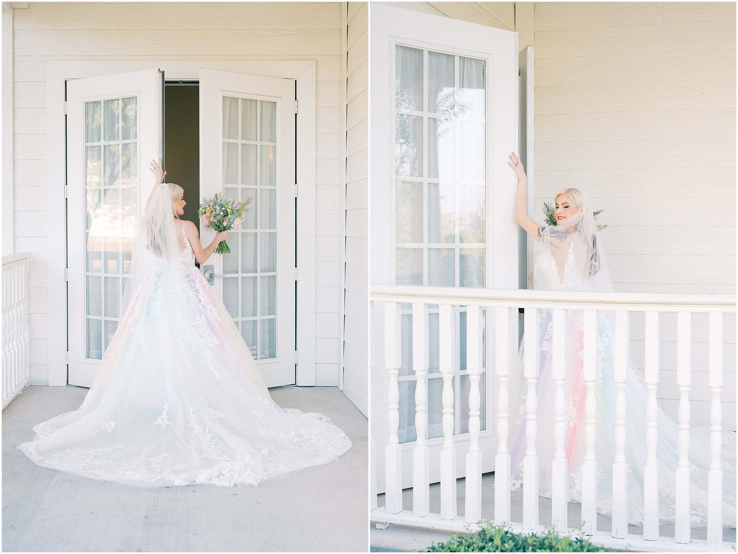 Wedding dress photos captured on a white porch with French doors and railing details.