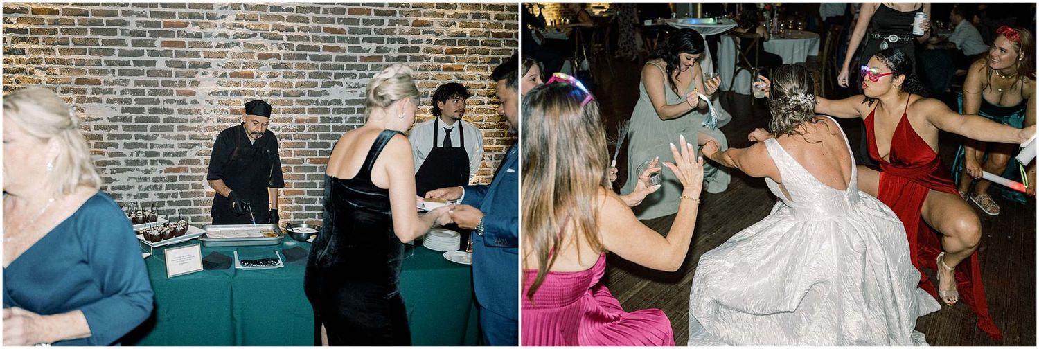 Wedding party and guests celebrating on the dance floor during evening reception.