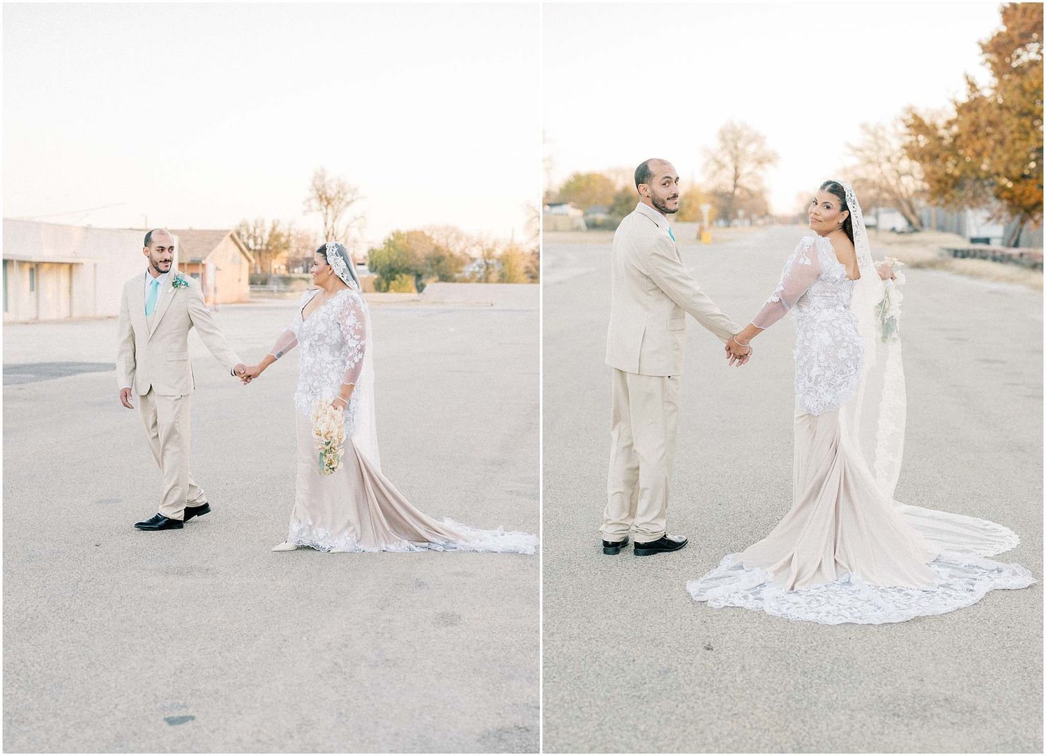 Wedding couple poses together in a romantic outdoor photoshoot with a long flowing white dress and desert backdrop.