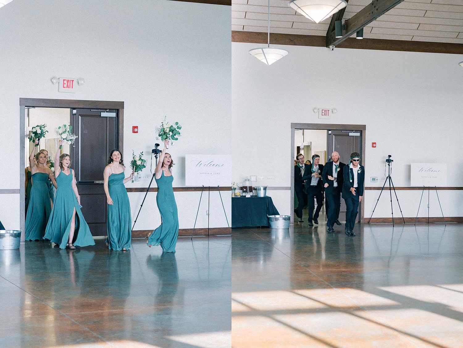 Large empty reception hall with turquoise accents and natural lighting.