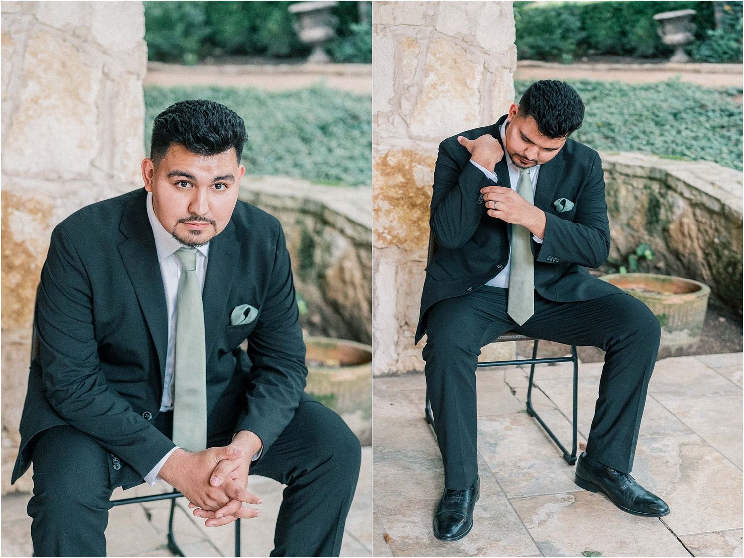 Wedding photography sequence showing a groom in formal attire posing on outdoor stone steps.