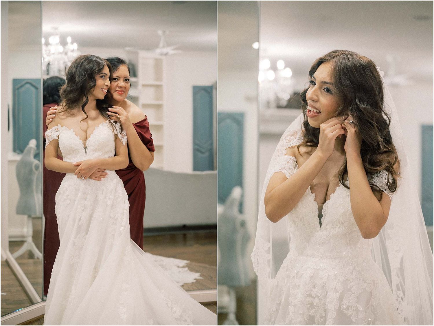 Wedding dress fitting session showing various angles of a white lace gown.