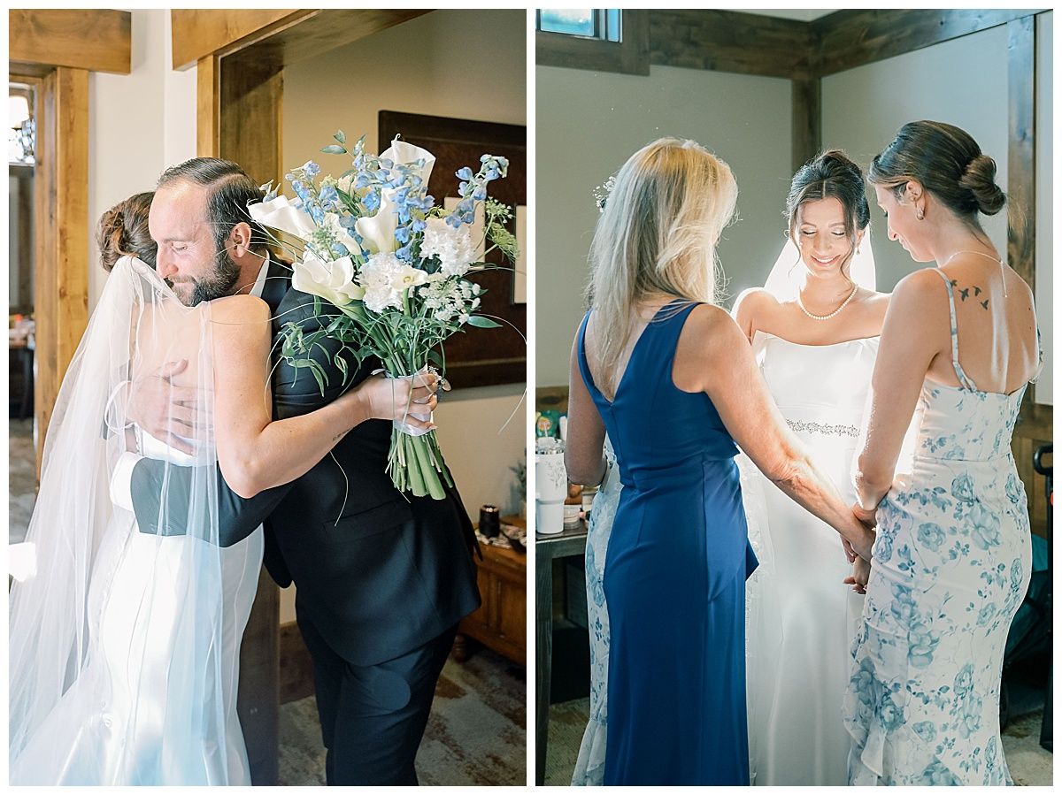 Candid moments of wedding preparation with bridesmaids in navy blue dresses.