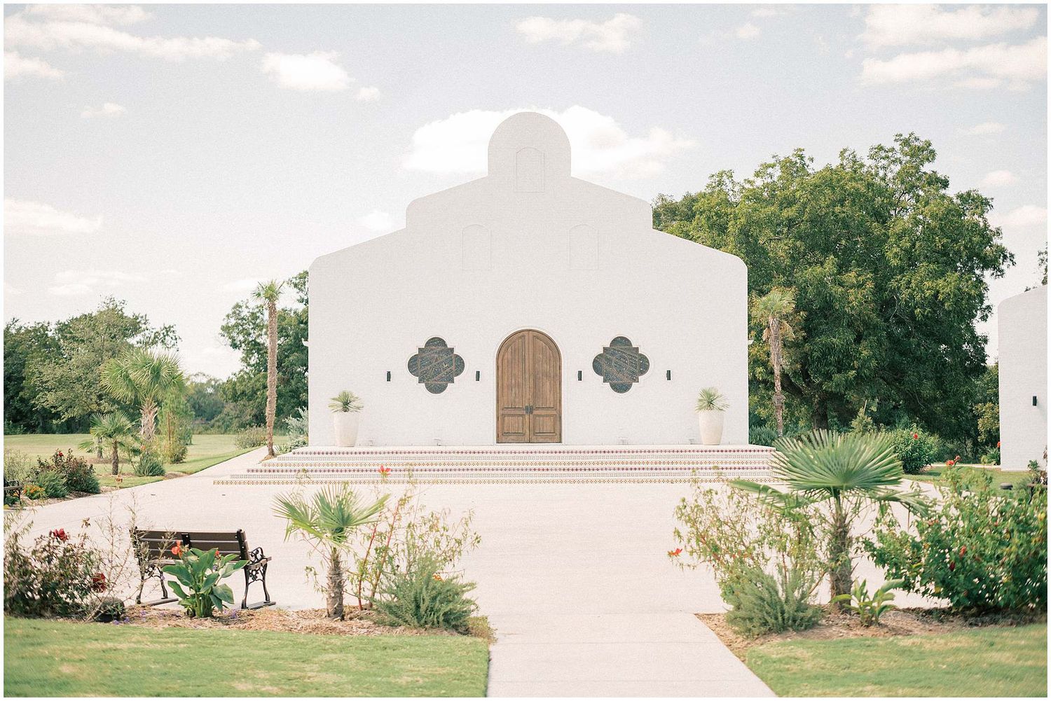 Mission-style white church building photographed from different angles in natural daylight.