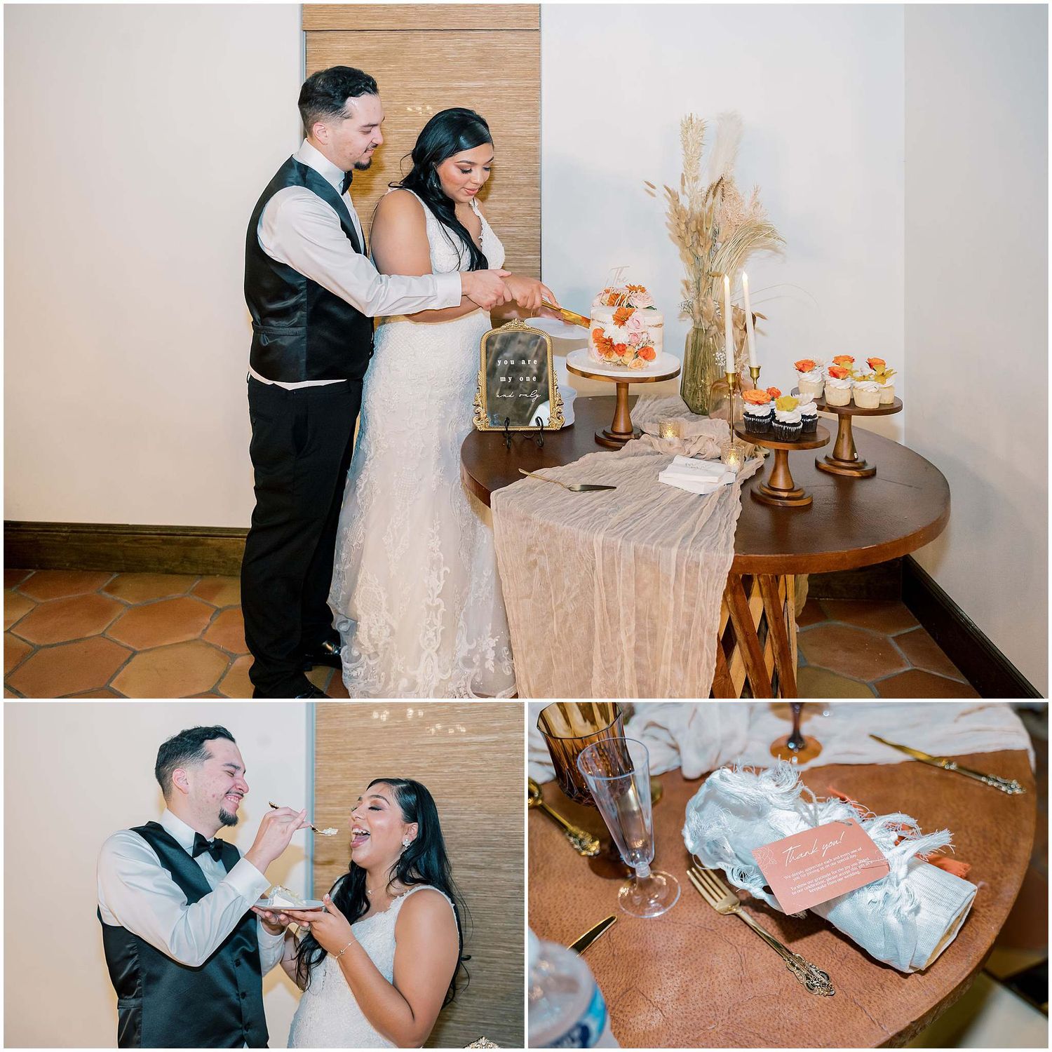 Couple sharing cake cutting moment at wedding reception with rustic decor.