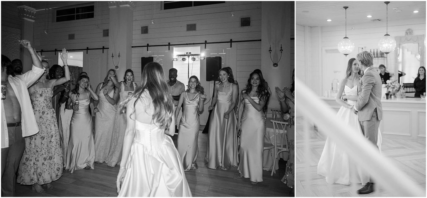Bridesmaids in champagne gowns dance joyfully with the bride during an elegant indoor wedding reception.