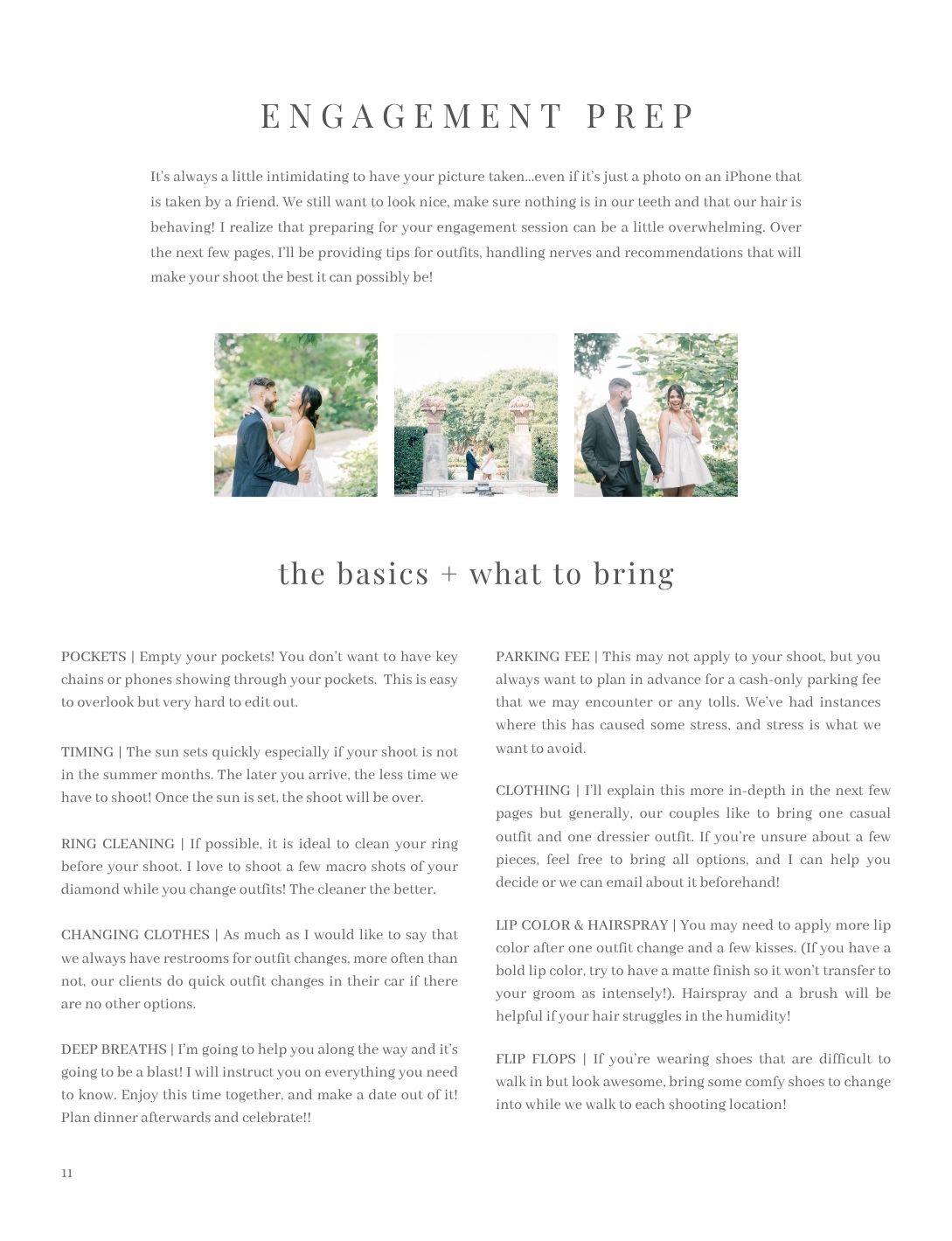 A wedding photography guide showing engagement session prep tips with couple photos in outdoor settings.