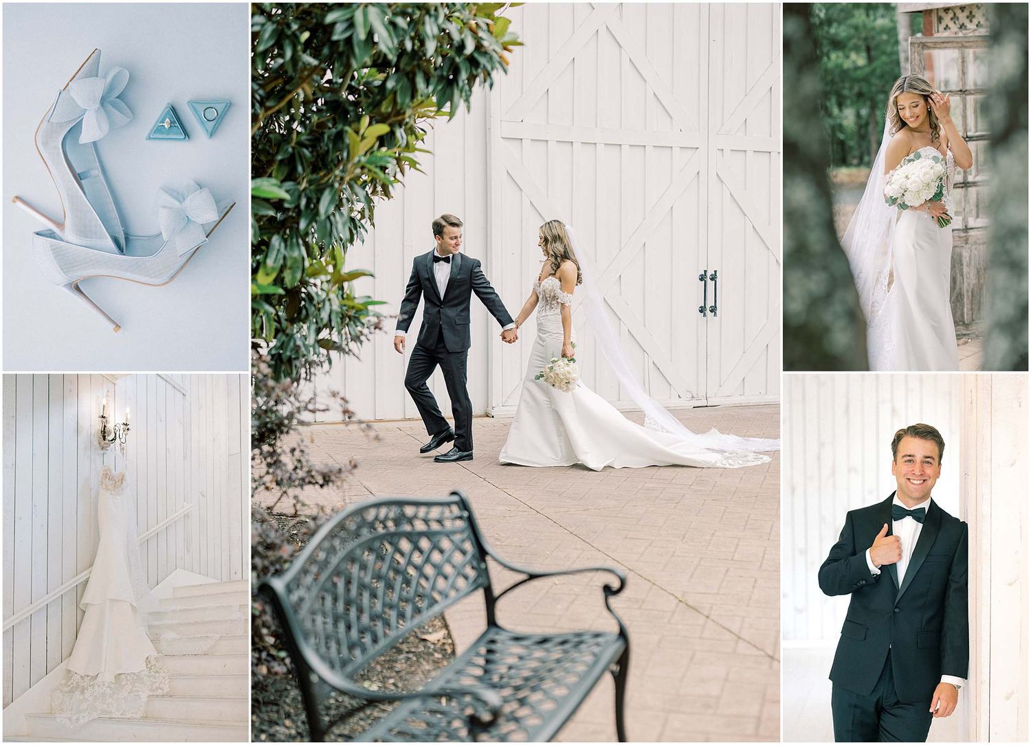 Elegant wedding collage featuring blue heels, couple at barn, bride in gown, garden bench, and groom in tuxedo.