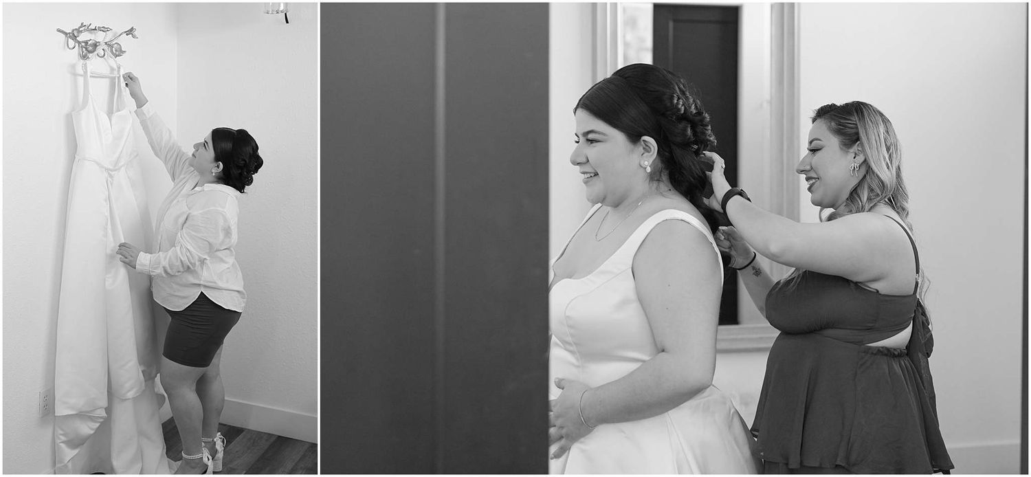 Black and white photographs showing wedding preparation moments in an intimate setting.