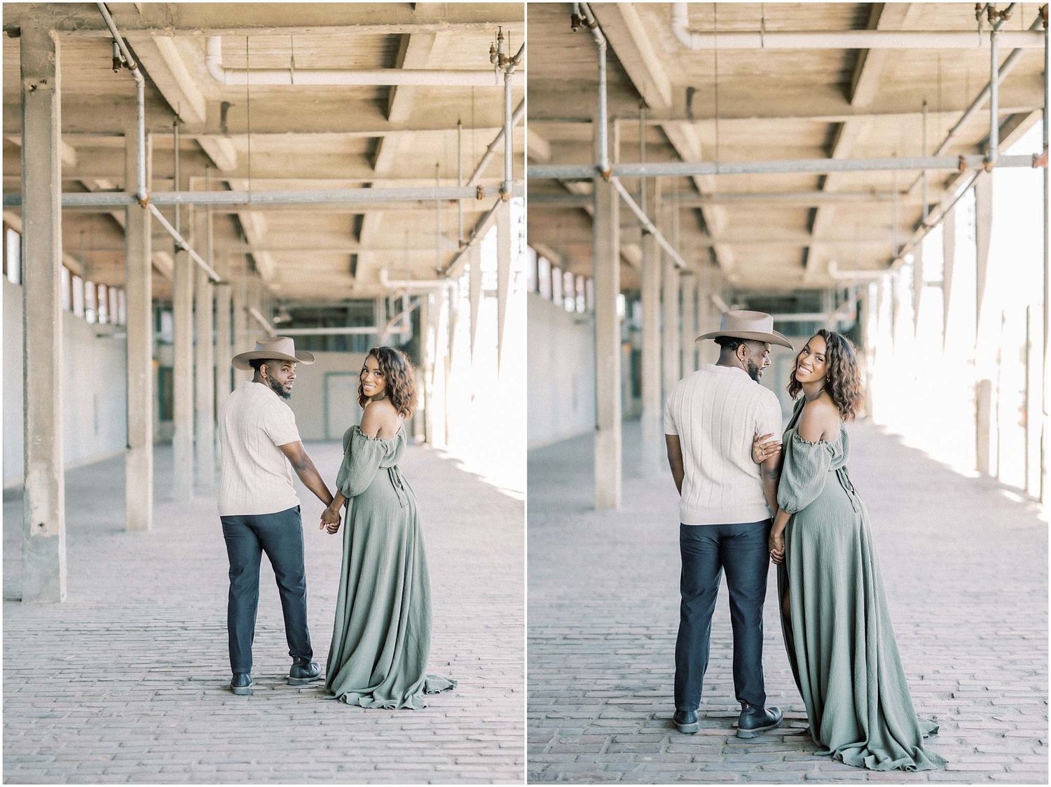 Romantic maternity photos showing a couple in an industrial space with natural light.