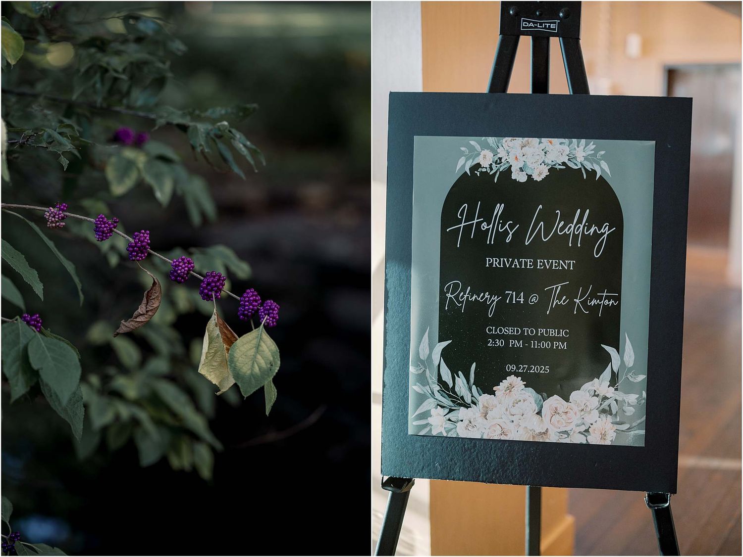 Elegant wedding signage displayed on dark boards with floral accents and purple flowers.