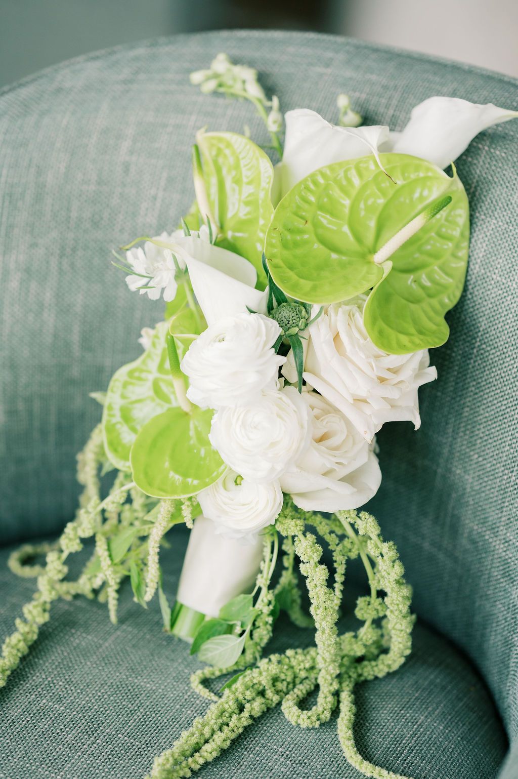 White roses and green anthurium arranged in an elegant floral display on a blue-grey couch.