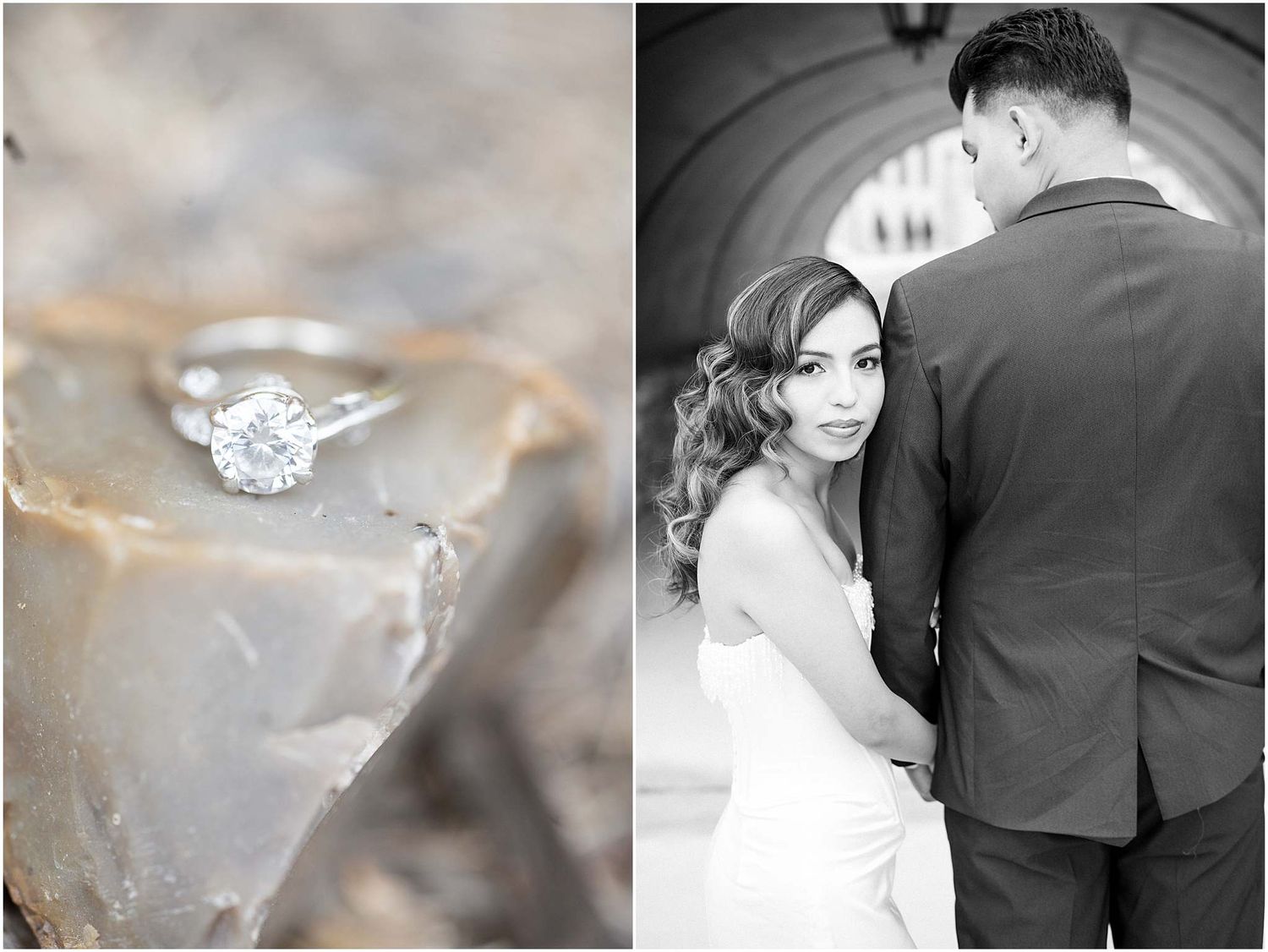 A series of romantic black and white wedding photos showing close-up details of rings, embraces, and tender moments.