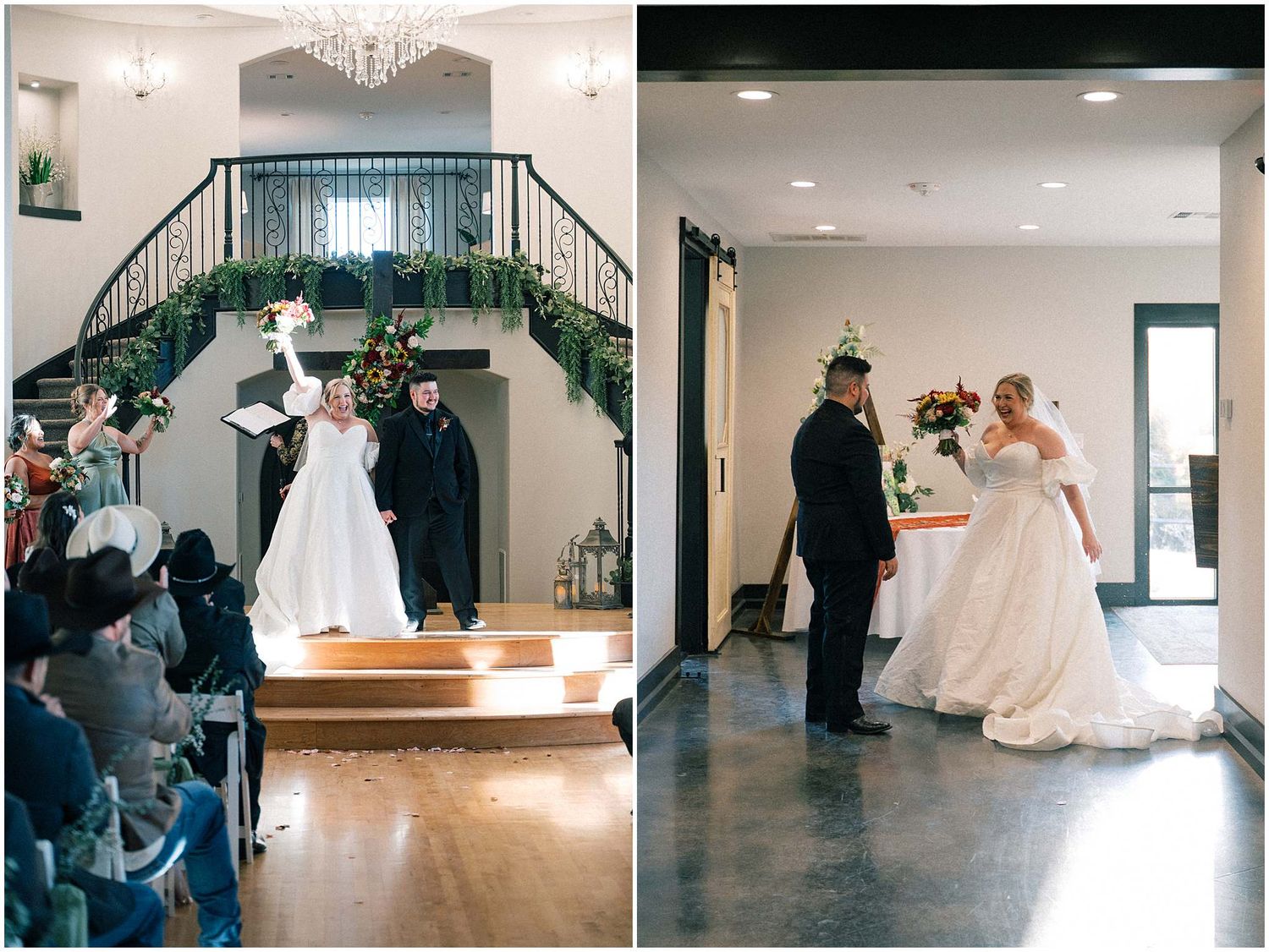 Wedding day moments unfold in an elegant venue with modern decor and crystal chandeliers.