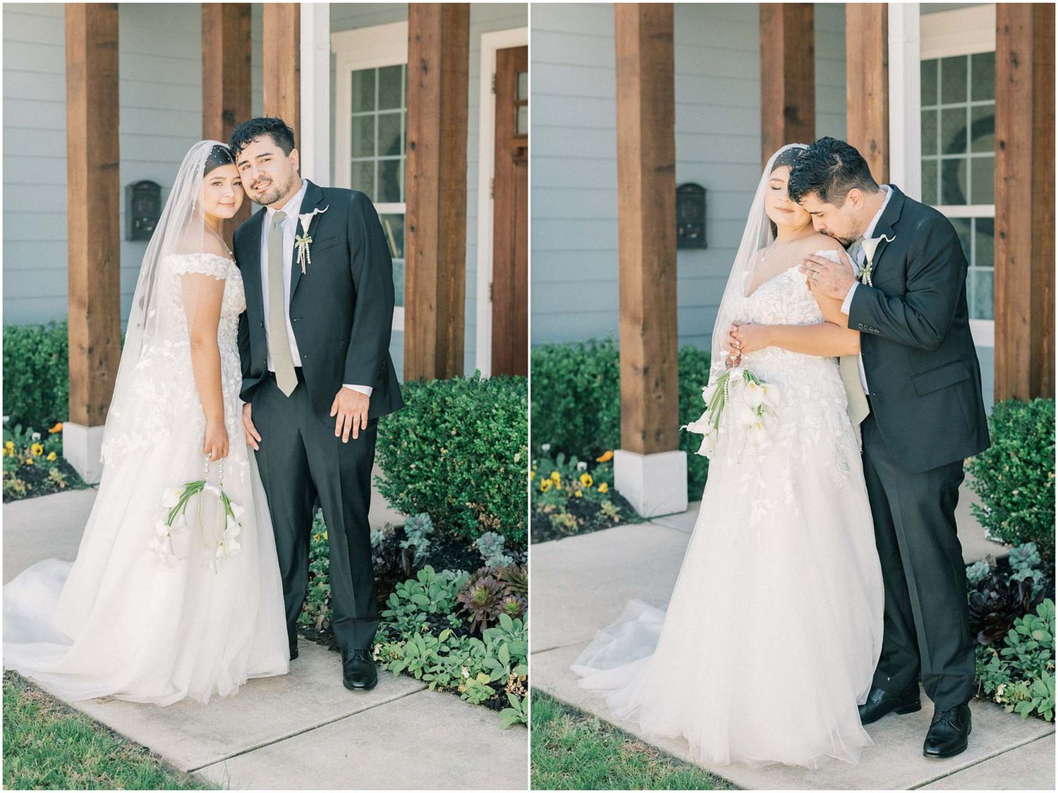 Wedding couple shares intimate moments together in a series of photos taken outside a building with columns.