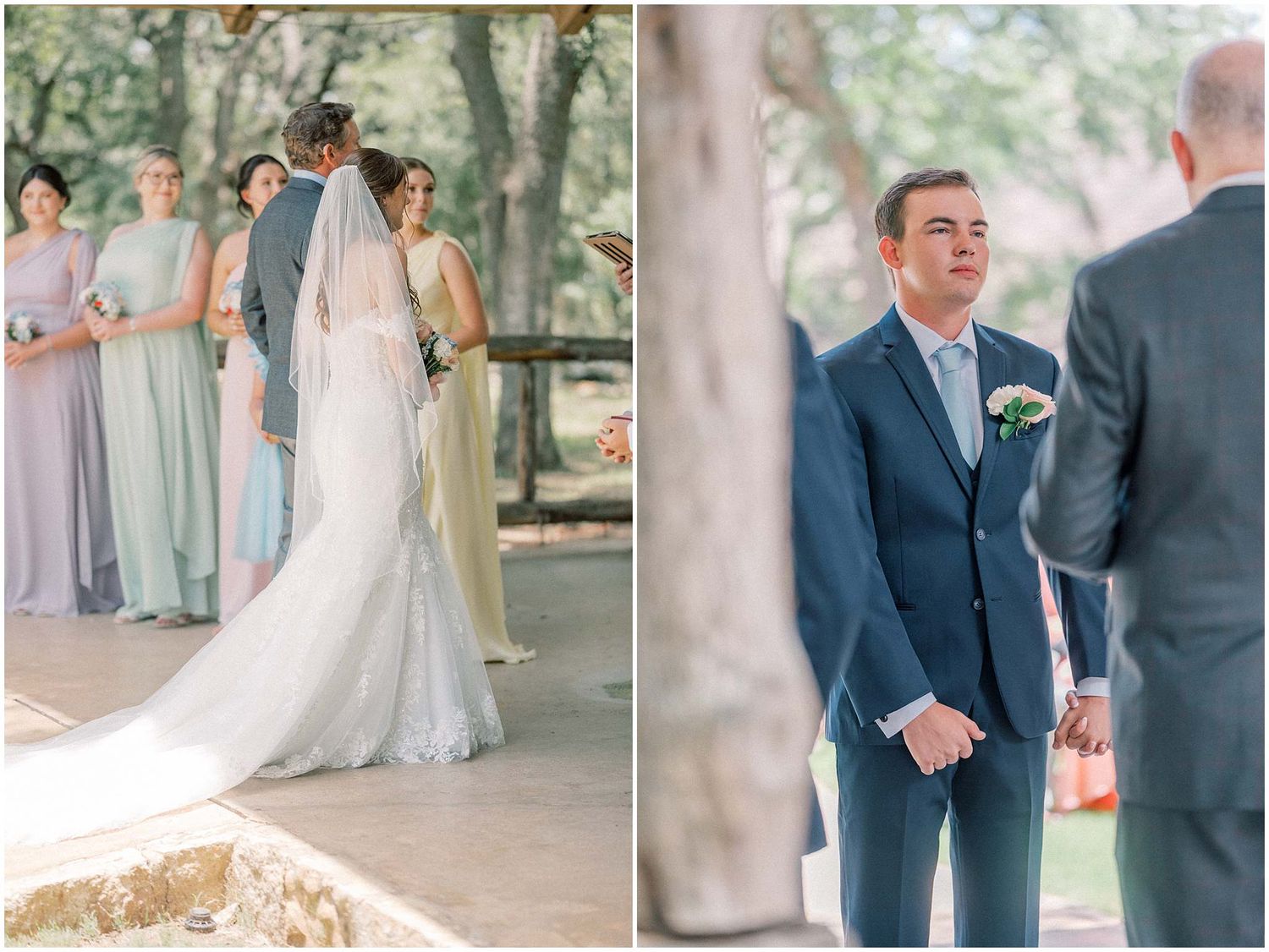 A collection of wedding photos showing tender moments between a couple and their wedding party under a covered outdoor venue.