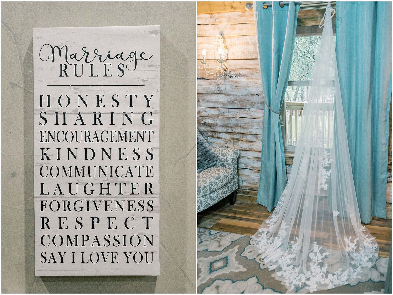 Wedding dress details and inspirational marriage quotes displayed in elegant turquoise and white boutique setting.