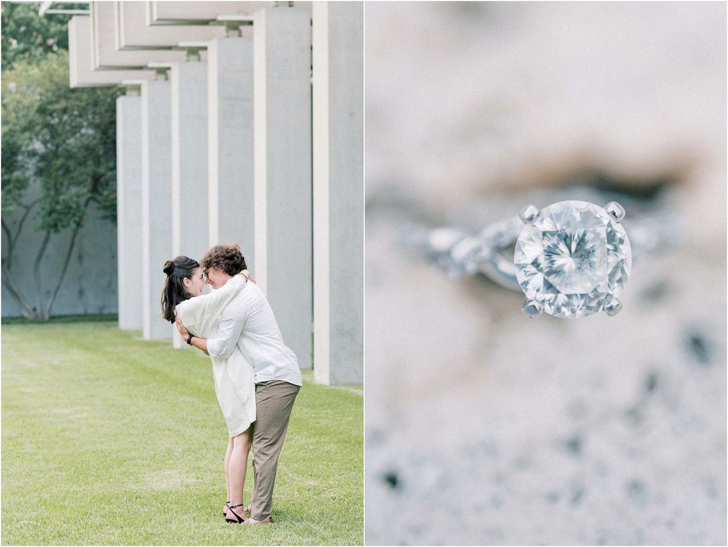 Wedding proposal scene with architectural backdrop and close-up of diamond ring.