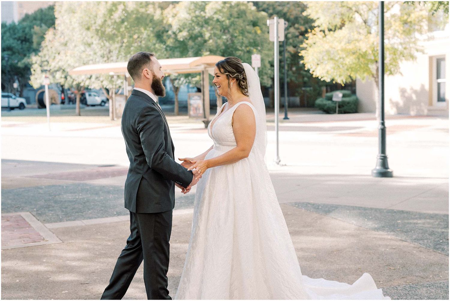 Emotional first look sequence between couple during outdoor wedding ceremony.