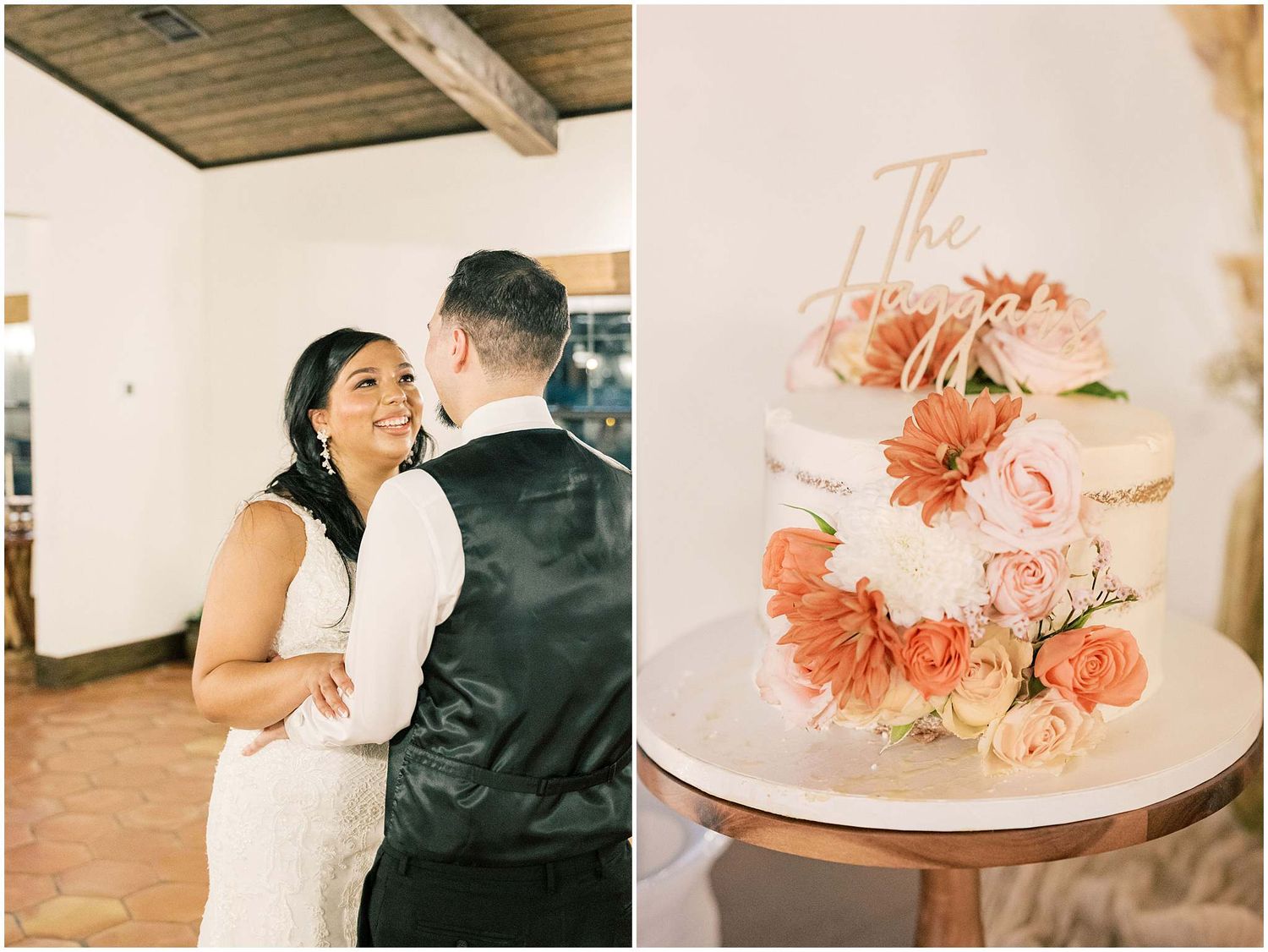 Wedding cake with coral-colored floral decorations on wooden display table.