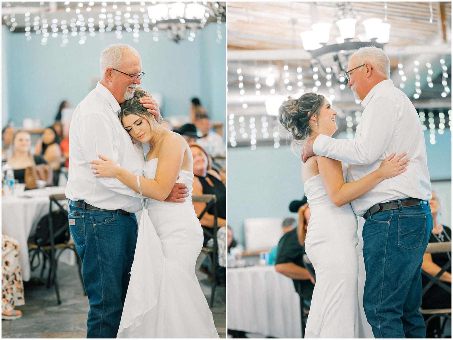 Dancing couples share tender moments during a reception with blue lighting and decor.