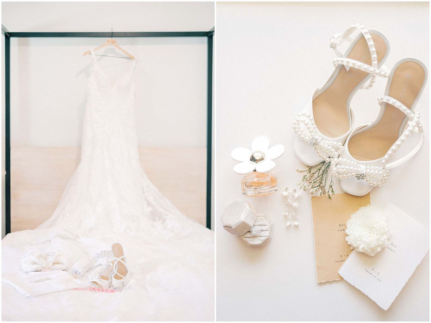 White bridal accessories including shoes, garter, and jewelry arranged on a neutral background.