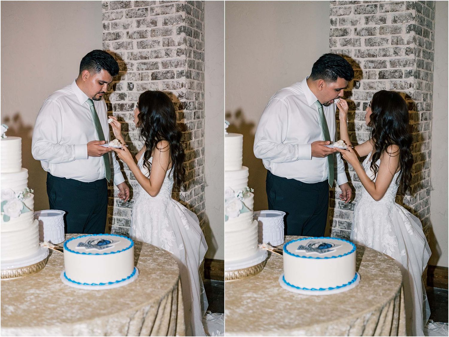 A couple shares a sweet moment while cutting their white and blue wedding cake at their reception.