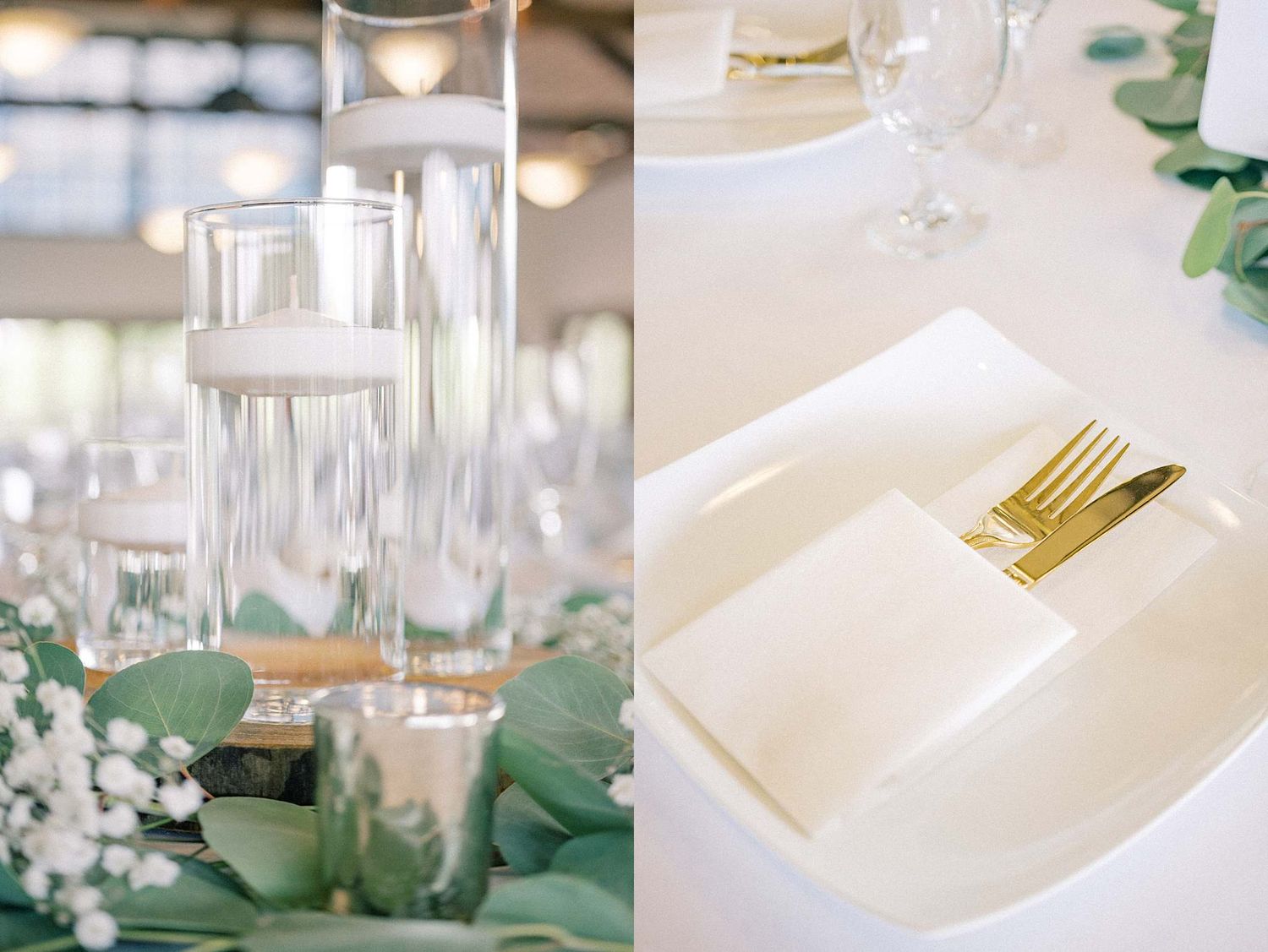 Close-up of minimalist place settings with gold flatware and white plates at a formal event.