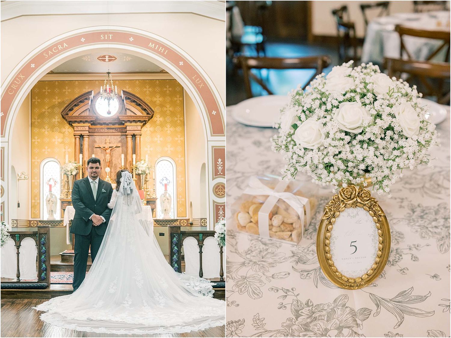 Traditional church interior with ornate gold mirror and white floral arrangements for a wedding ceremony.