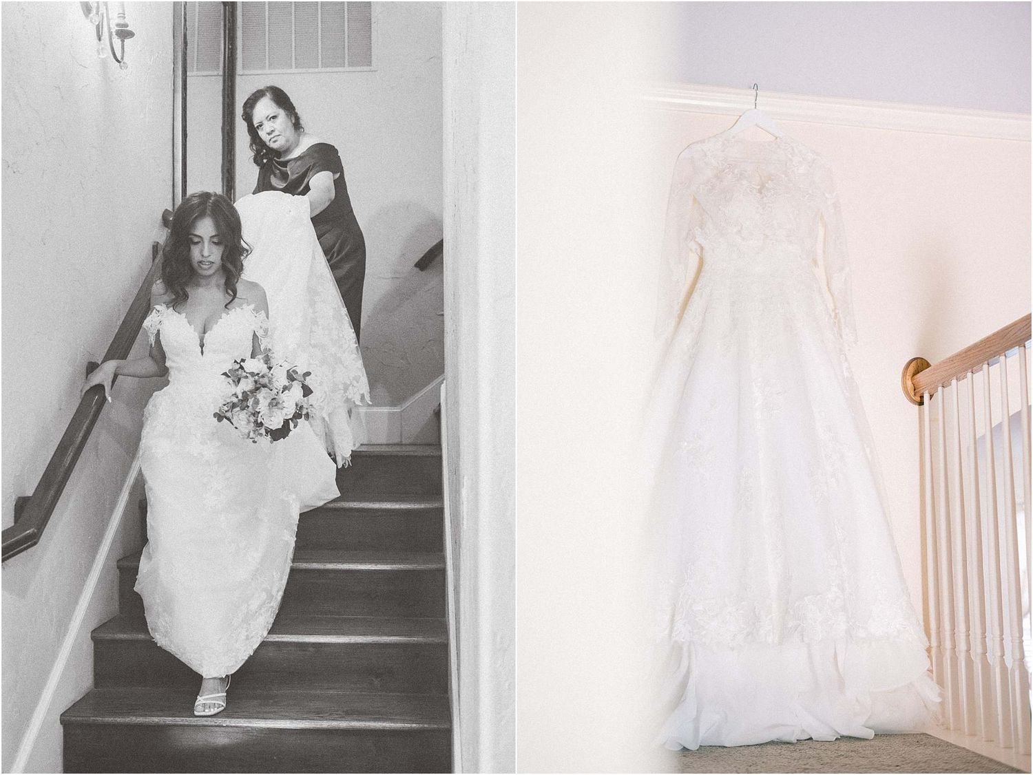 Series of wedding dress photographs showing movement on a staircase.
