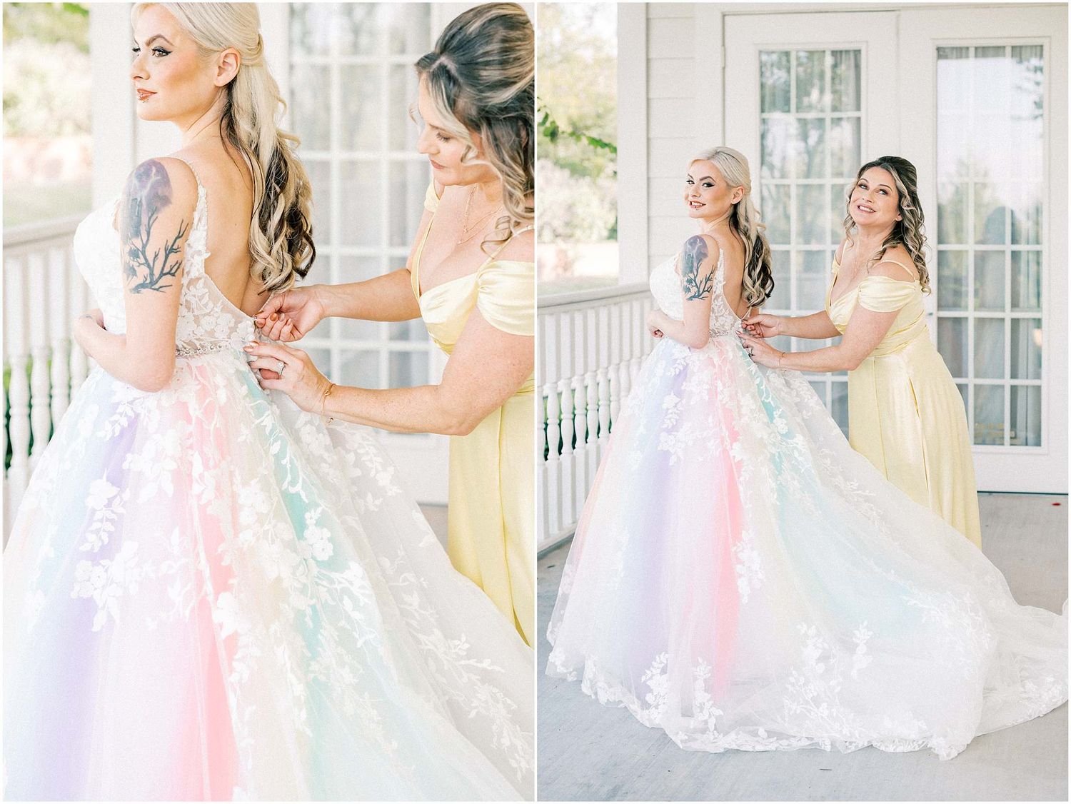 Detail shots of a pastel rainbow wedding gown with delicate lace overlay.