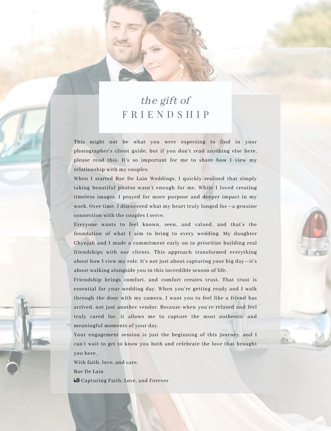 Wedding photography client guide opening page titled The Gift of Friendship with heartfelt letter from photographer.