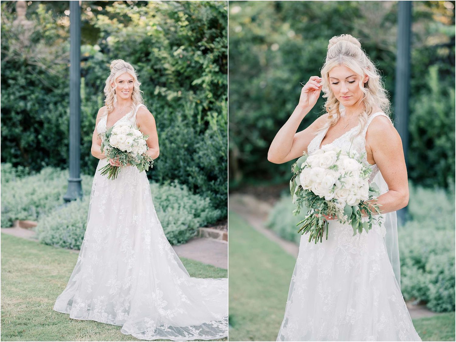 Series of bridal portraits featuring a flowing white wedding dress in an outdoor garden.