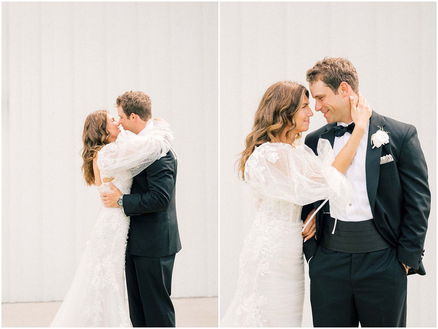 Wedding couple shares intimate moments in formal attire against a clean white wall.
