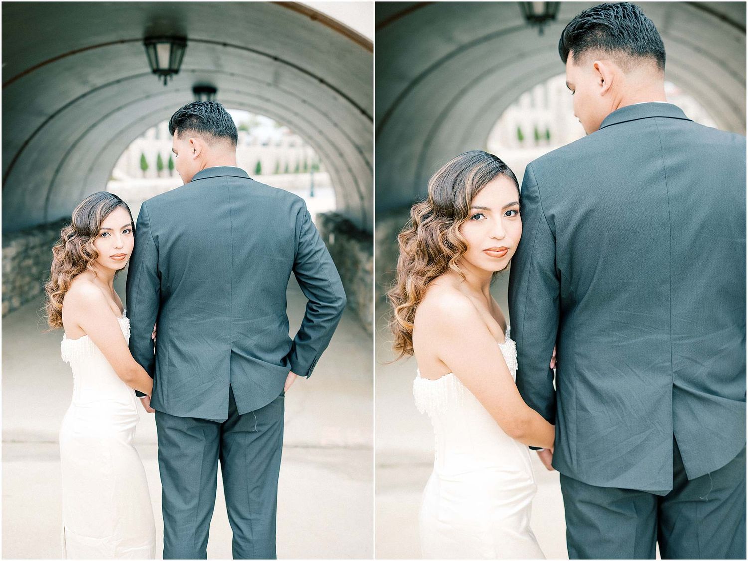 A romantic wedding photo series showing a couple posing together under an arched tunnel walkway.