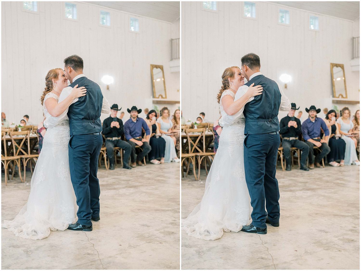 First dance sequence showing couple swaying together in an elegant reception venue.