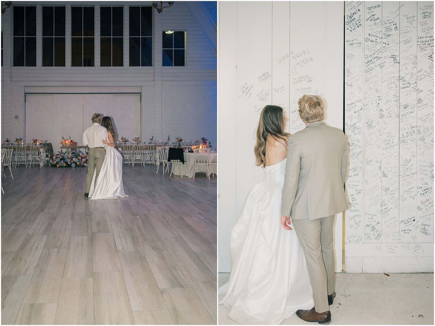 Bride and groom share first dance in elegant venue, then view guest signature wall at wedding reception.