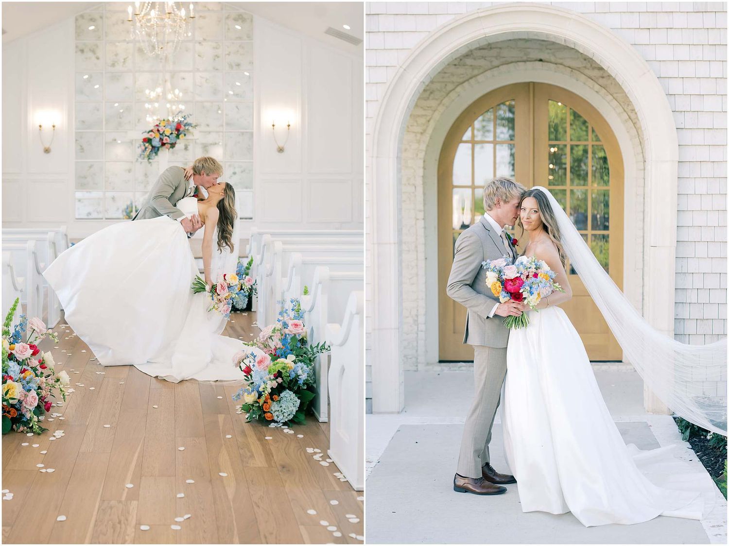 Bride and groom share a romantic kiss inside a white chapel with colorful floral arrangements lining the aisle.