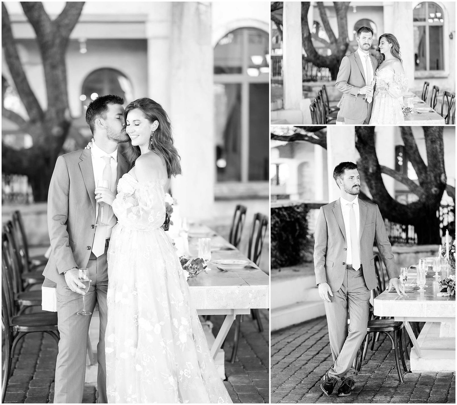 Black and white wedding photography series showing romantic moments at an outdoor venue.