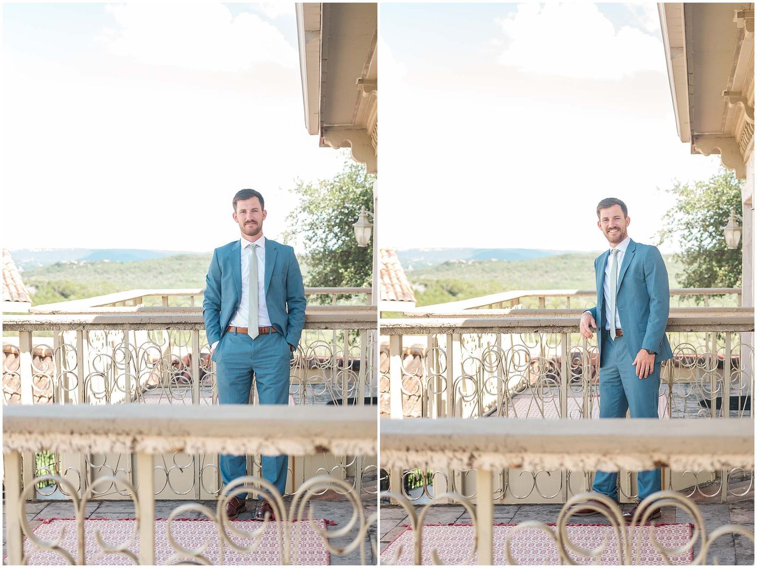 Person in blue suit jacket standing on an elegant balcony overlooking a scenic landscape.