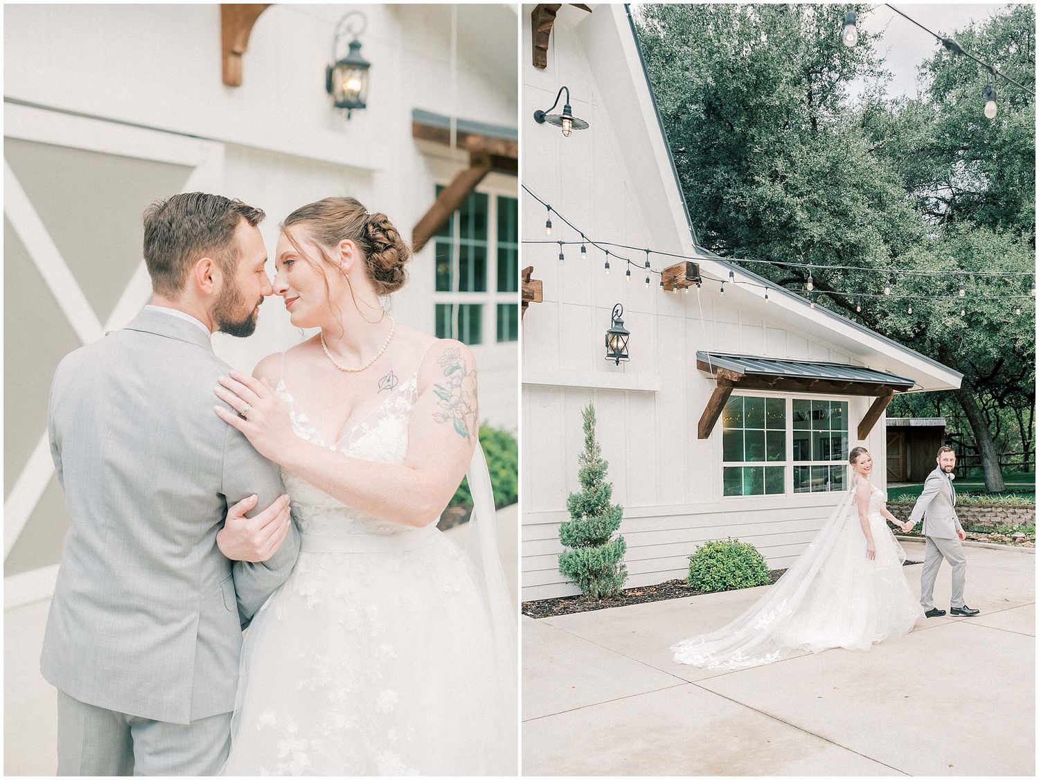 A romantic wedding photo series in soft pastel tones showing tender moments between a couple at an elegant outdoor venue.