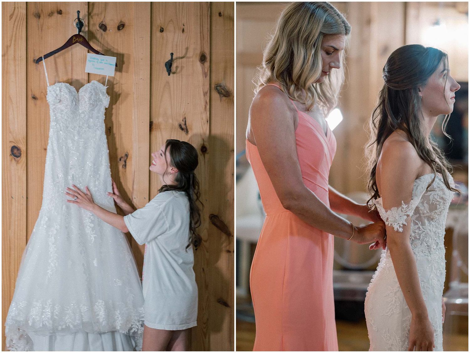 A series of photos showing a white wedding dress being fitted and adjusted on someone in a rustic wooden room.