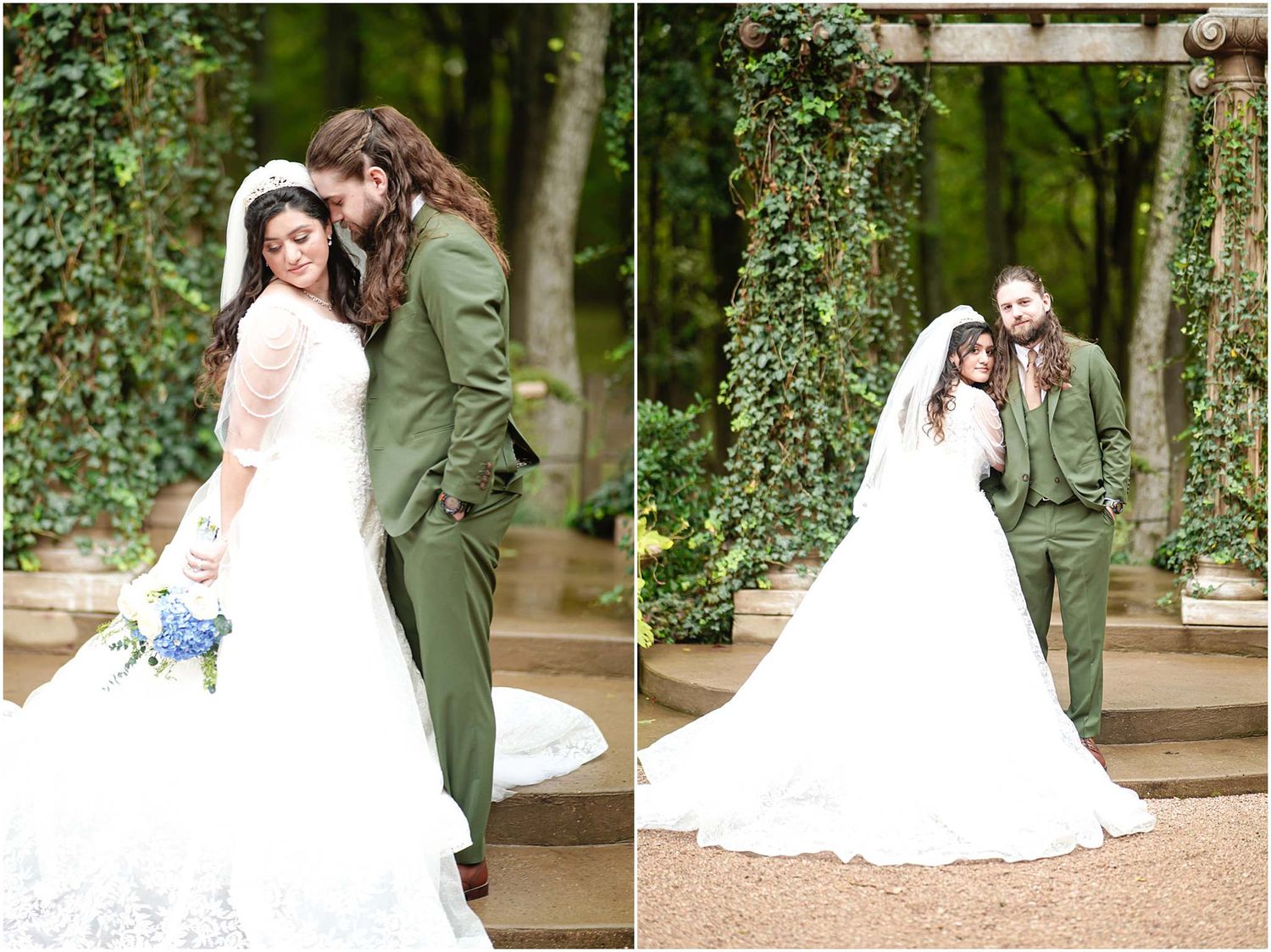 Bride in white gown and groom in olive green suit pose together outdoors surrounded by lush ivy-covered walls.